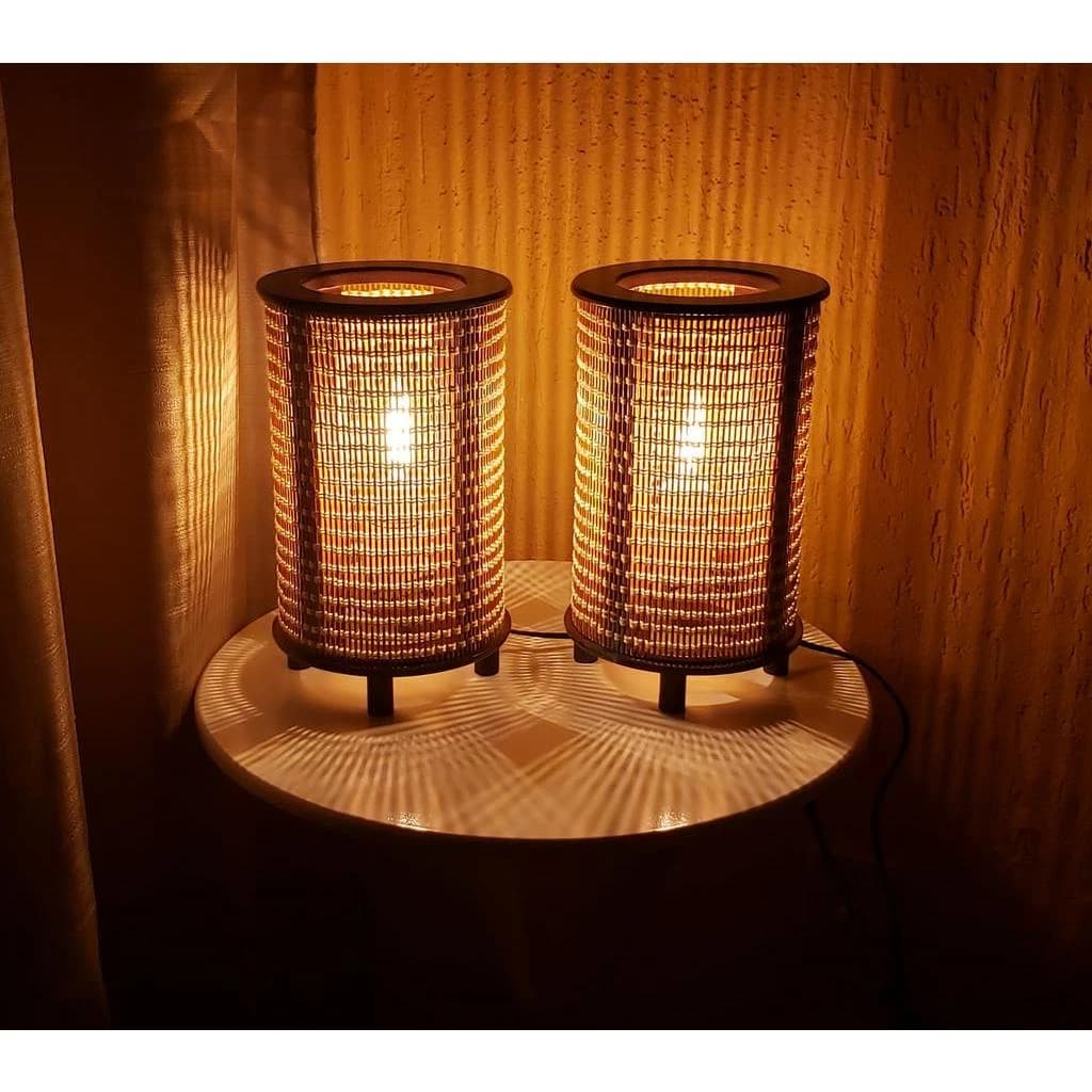 Par De Abajur Luminária Mesa Rustico Sala Quarto Japonês Bambu