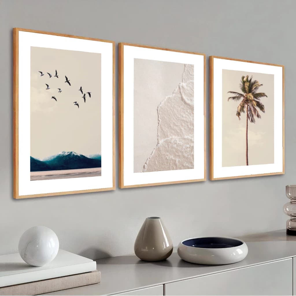 Quadro Decorativo Kit 3 Peças Sala Quarto Moldura Praia Mar Moderno