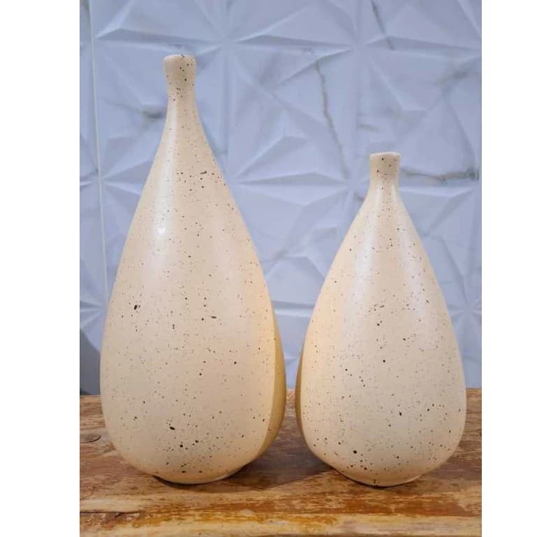 Vaso Pino 2 Peças Centro de Mesa em Cerâmica Bege com Pintinhas