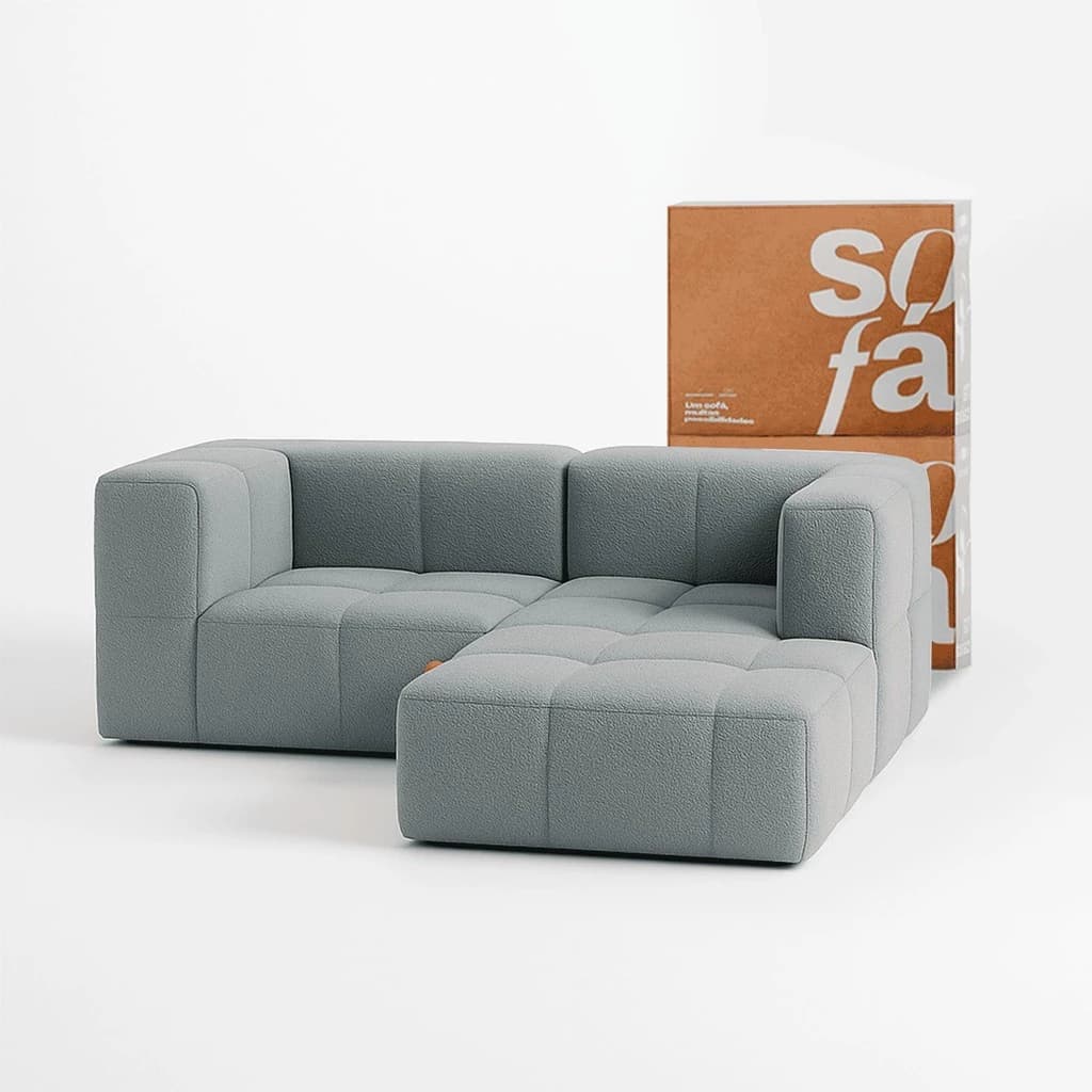 Sofá 2 lugares na Caixa modular em Boucle com 2 Braços e 1 Chaise - Cinza