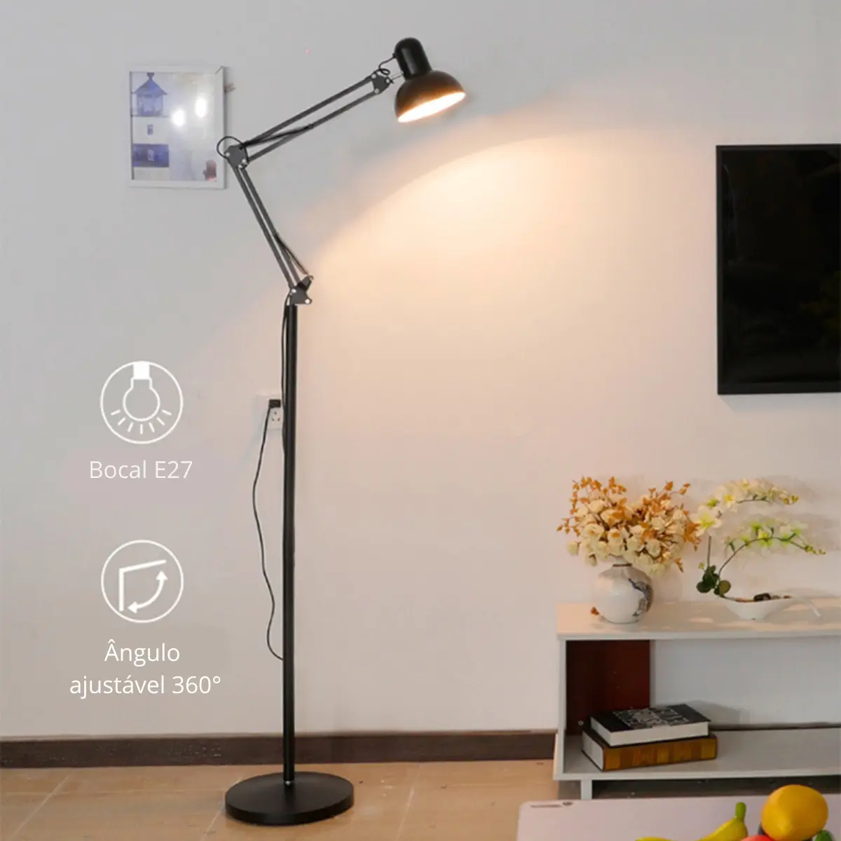 Luminária De Piso Dapon Fl0bk Abajur Articulada Pedestal De Chão Cor Preto