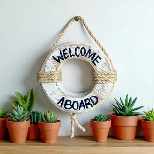 Decoração Bóia Welcome Aboard Casa De Praia Enfeite Parede Cor Branco Armação Branco