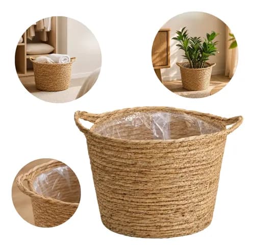 Cesto Vaso Palha Com Alça Decorativo Fibra Natural Artesanal Palha