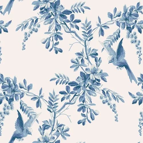 Papel De Parede Quarto Casal Provençal Pássaros Azul Floral Azul