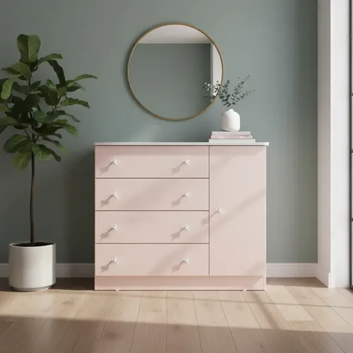 Cômoda Infantil 4 Gavetas 1 Porta Com Prateleiras Rosa Rosa