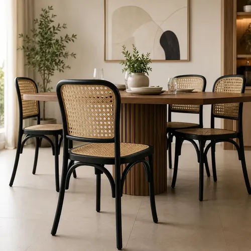 Cadeira De Jantar Amis Rattan Empilhável Cozinha Varanda Telinha Preto Bege