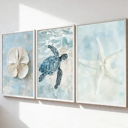 Kit 3 Quadros Animais Marinhos Estrela-do-mar E Tartaruga Branco