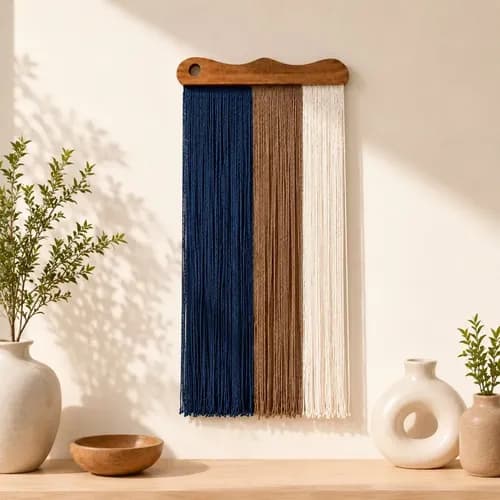 Cortina Quadro Têxtil Painel Franjas Macramê Decoração Casa Cortina Painel Macramê Cinza Bege Cru