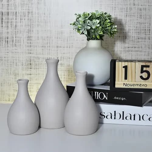 Trio de Vasos em Cerâmica para Decoração de Mesa, Nude Liso - Alto Elegance