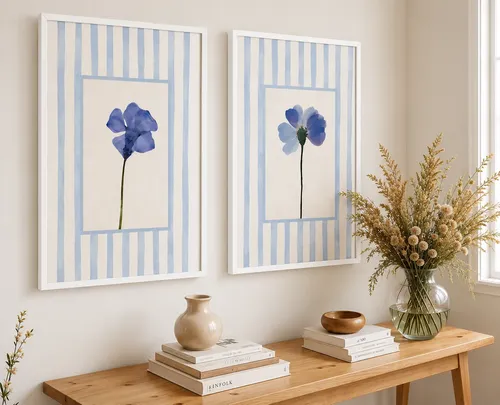 Kit 2 Quadros Flores Azuis Fundo Listrado 40x60cm Escolha Branco