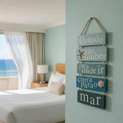 Quadro Decorativo Praia Hotel Mar Quarto 60x30 Azul Creme