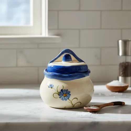 Saleiro Com Tampa Em Cerâmica Azul Pintada De Parede Cozinha Azul