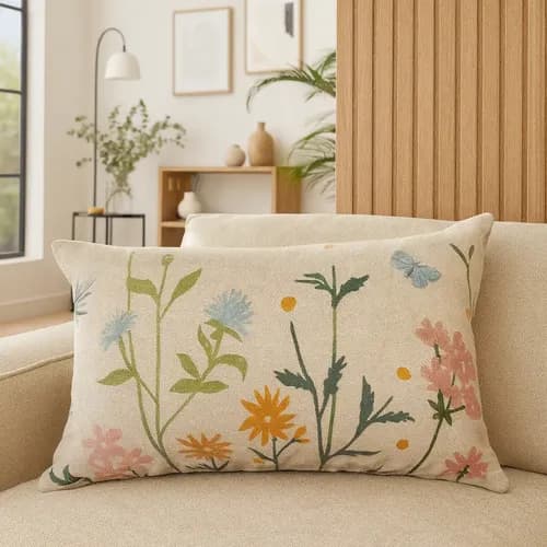 Capa Almofada Retangular Floral Luxo Linho Decoração 30x50cm Cru Floral Azul