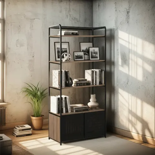 Estante Estilo Industrial Livreiro Multiuso C Nicho 2 Portas Dourado-escuro