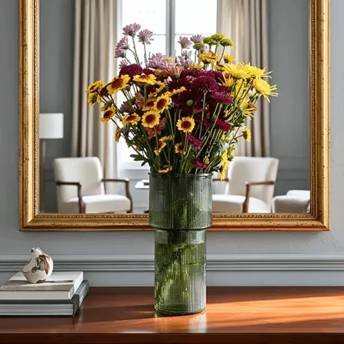 Vaso Verde Oliva Grande Vidro Canelado 24cm Arranjo De Flor