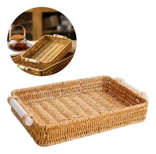 Bandeja Cesto Rattan Sintético Grande 40x30cm Com Alça Marrom