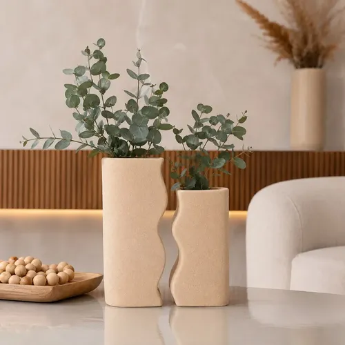 2 Vasos Decorativos Cerâmica Ondas Enfeite Sala Mesa Bege